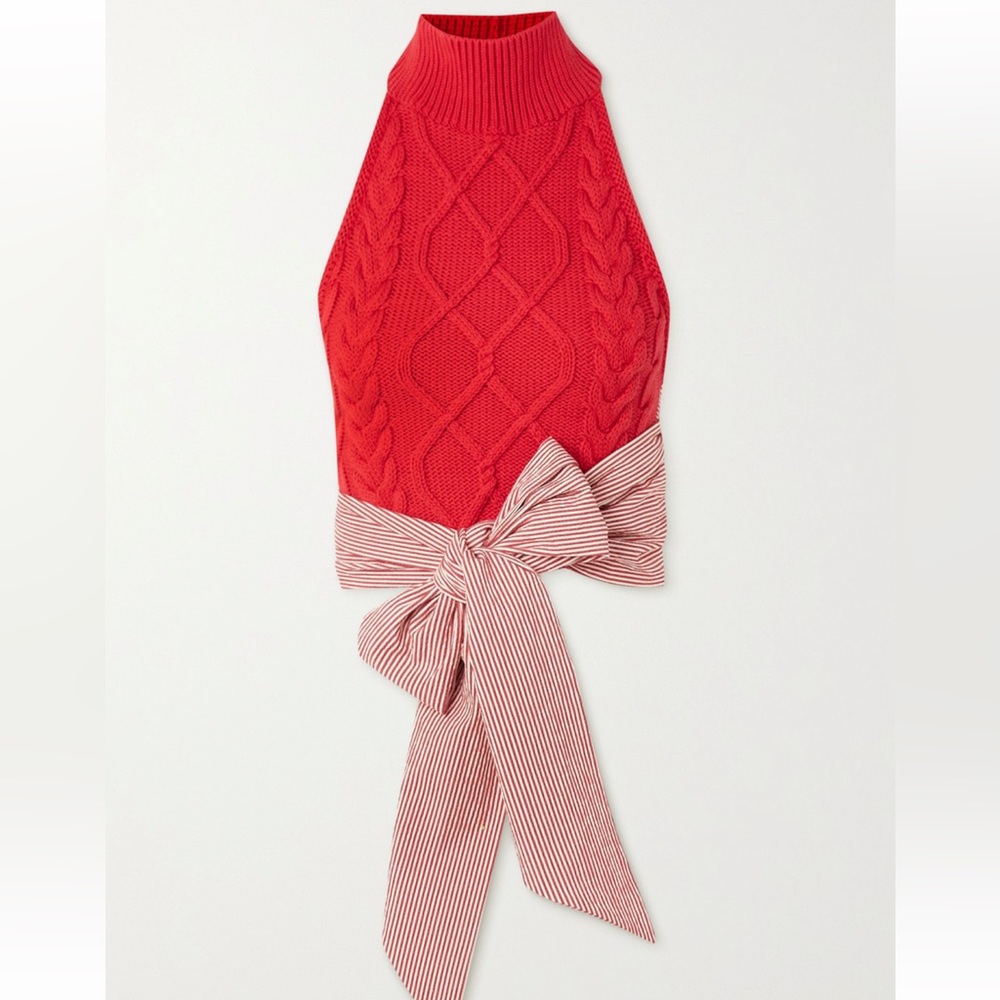 Never-worn Rosie Assoulin Red Striped Seersucker and Cableknit Top